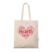 Load image into Gallery viewer, Tote Bag with 55 Welsh words in a heart shape
