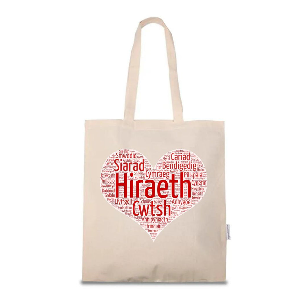 Tote Bag with 55 Welsh words in a heart shape